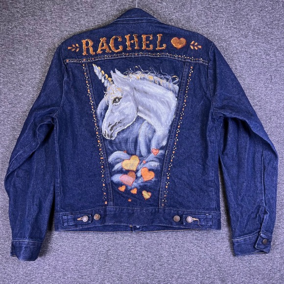 VTG Rustler Denim Jacket Mens Med Womens Custom Rachel Hand Painted Unicorn READ - Picture 5 of 16